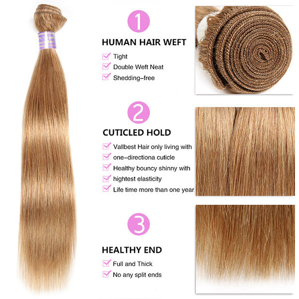 #27 Honey Blonde Color Straight Hair 3 Bundles With 4x4 Lace Closure