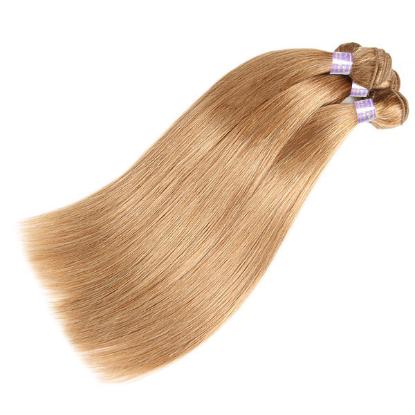 #27 Honey Blonde Color Straight Hair 3 Bundles With 4x4 Lace Closure