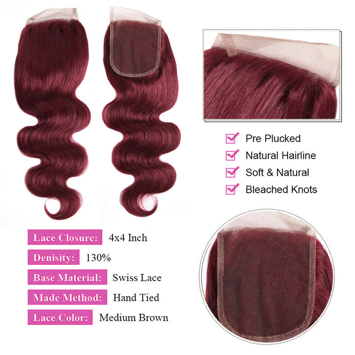 99J Burgundy Color Brazilian Body Wave Hair 3 Bundles With 4x4 Closure Human Hair Bundles
