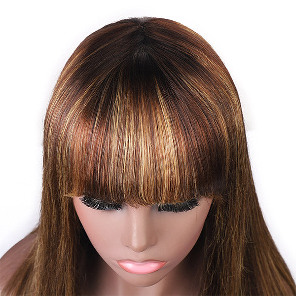 Honey Blonde Highlight Brown Ombre Straight Human Hair Wigs