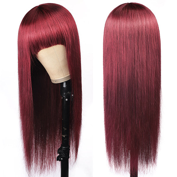 Allove 99J# Colored Straight Virgin Human Hair Wigs Machine Made Wigs With Bangs