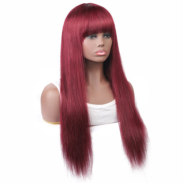 Allove 99J# Colored Straight Virgin Human Hair Wigs Machine Made Wigs With Bangs
