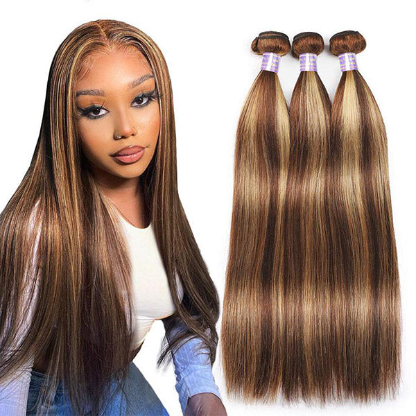 P4/27 Highlight Bundles Virgin Straight Human Hair Unprocessed Ombre Colored Hair Weave - AlloveHair