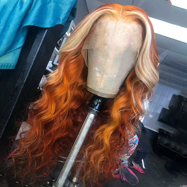 Allove Ginger Pre Plucked Blonde Ombre Body Wave HD 13*4 Lace Front Human Hair Wig 150% Density