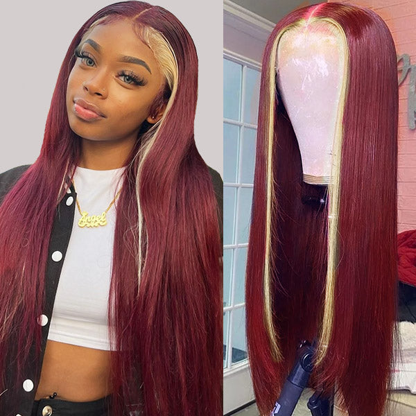 Introducing the Allove Hair Colored Skunk Wig in a striking burgundy hue, designed to make a bold statement. This straight hair wig features a 13x4 lace front for a natural and seamless blend with your scalp, allowing for versatile styling options.
