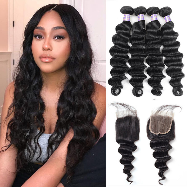 Elevate your style with Allove Hair's luxurious Loose Deep Wave virgin hair sourced from Brazil. These top-quality Brazilian hair bundles come with a 4x4 lace closure, perfect for achieving a seamless and natural look.