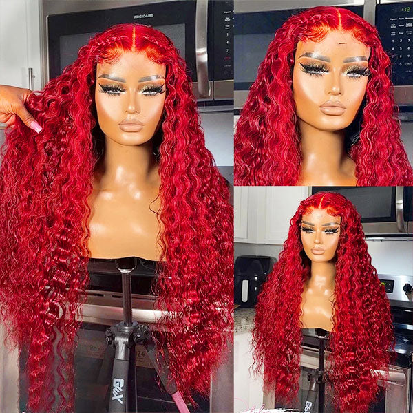 Red Color Deep Wave Lace Front Wigs Transparent 13x4 Lace Front Wig with Pre Plucked