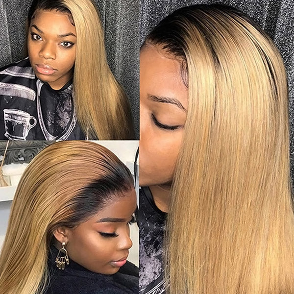 T1B/27 Honey Blonde Color Brazilian Straight Hair 3 Bundles With 4x4 Lace Closure - AlloveHair
