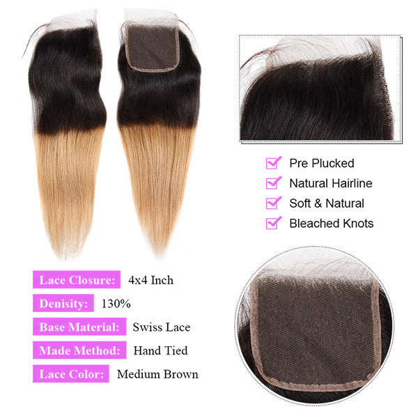 T1B/27 Honey Blonde Color Brazilian Straight Hair 3 Bundles With 4x4 Lace Closure - AlloveHair