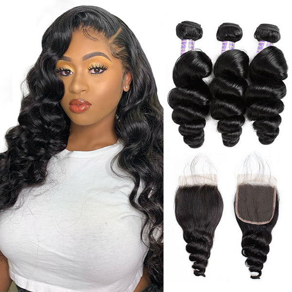 Transform your look with Allove's Loose Wave Hair Weave! Our premium quality bundles come with a closure for a flawless, natural finish that seamlessly blends with your own hair. Ideal for sew-in installations, this versatile loose wave hair offers endless styling possibilities¡ªfrom gorgeous updos to flowing locks. Experience the beauty and comfort of Allove Hair.