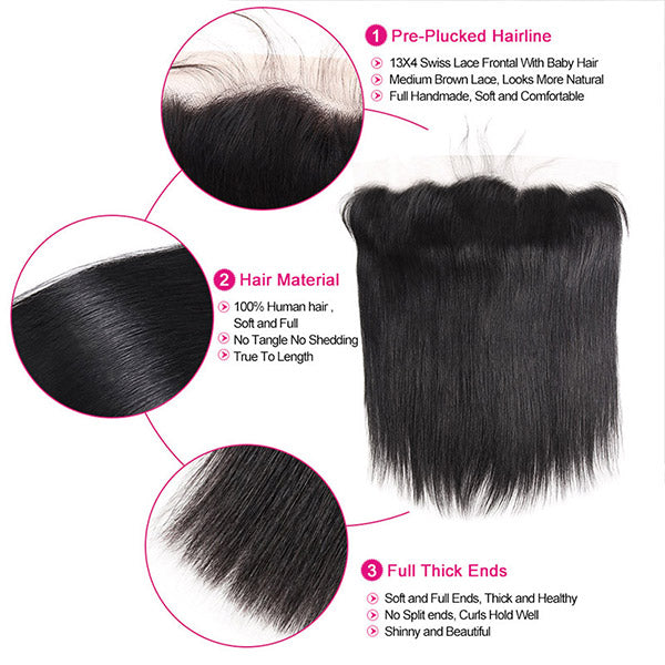 Malaysian Bone Straight Sew In Virgin Hair 3 Bundles with HD 13*4 Lace Frontal Closure